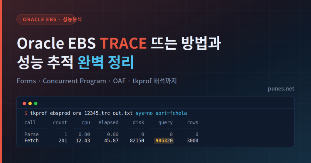 Oracle EBS Trace 결과를 tkprof로 분석한 화면